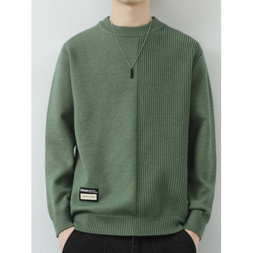 高級感拼接圓領毛衣男士打底衫秋冬季寬鬆日系簡約針織衫休閒線衣