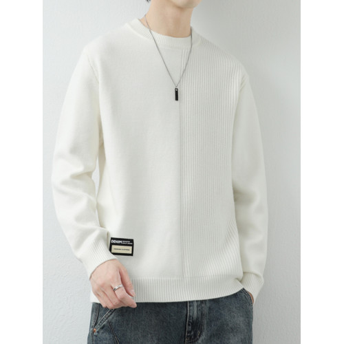 高級感拼接圓領毛衣男士打底衫秋冬季寬鬆日系簡約針織衫休閒線衣