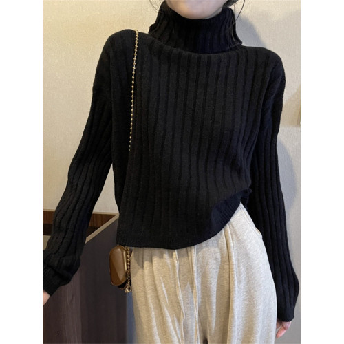 半高領內搭打底毛衣女秋冬新款坑條設計感寬松加厚短款針織衫上衣