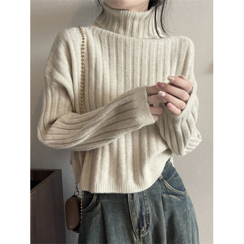 半高領內搭打底毛衣女秋冬新款坑條設計感寬松加厚短款針織衫上衣