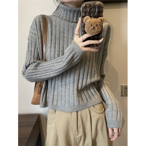 半高領內搭打底毛衣女秋冬新款坑條設計感寬松加厚短款針織衫上衣