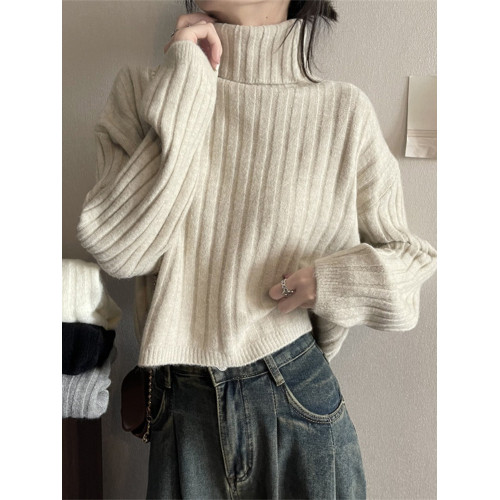 半高領內搭打底毛衣女秋冬新款坑條設計感寬松加厚短款針織衫上衣
