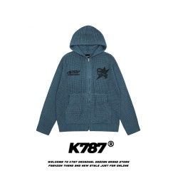 K787美式復古字母印花連帽衛衣男女oversize情侶外套慵懶拉鍊毛衣