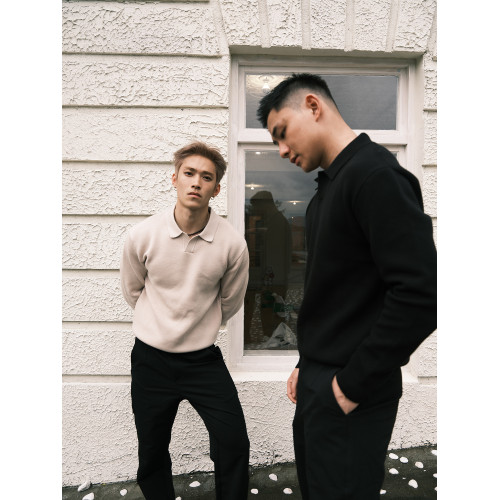 GTAL美式630g重磅海鷗領14針54支雙股毛衣老錢風長袖翻領針織衫