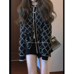 小香老錢風黑色格子毛衣外套女2025秋冬高級感金釦針織開衫上衣厚