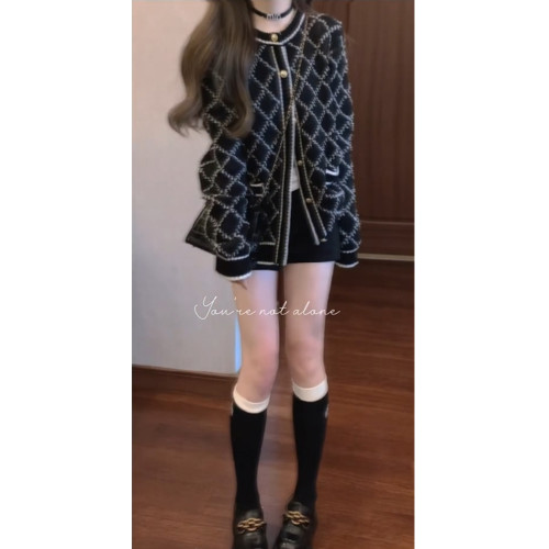 小香老錢風黑色格子毛衣外套女2025秋冬高級感金釦針織開衫上衣厚