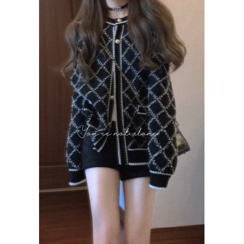 小香老錢風黑色格子毛衣外套女2025秋冬高級感金釦針織開衫上衣厚