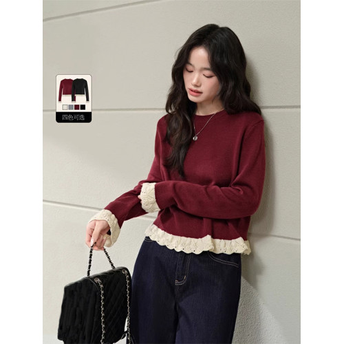 紅色假兩件毛衣女春秋季新款黑色鏤空花邊針織顯瘦內搭打底衫上衣