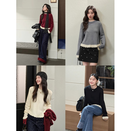 紅色假兩件毛衣女春秋季新款黑色鏤空花邊針織顯瘦內搭打底衫上衣