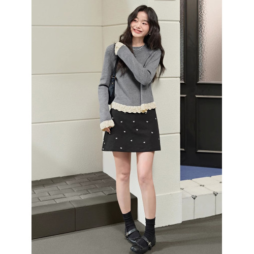 紅色假兩件毛衣女春秋季新款黑色鏤空花邊針織顯瘦內搭打底衫上衣