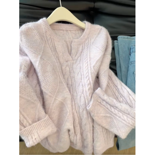 寬松大碼輕奢高級貨粉紫色麻花V領針織上衣女冬季慵懶風洋氣毛衣