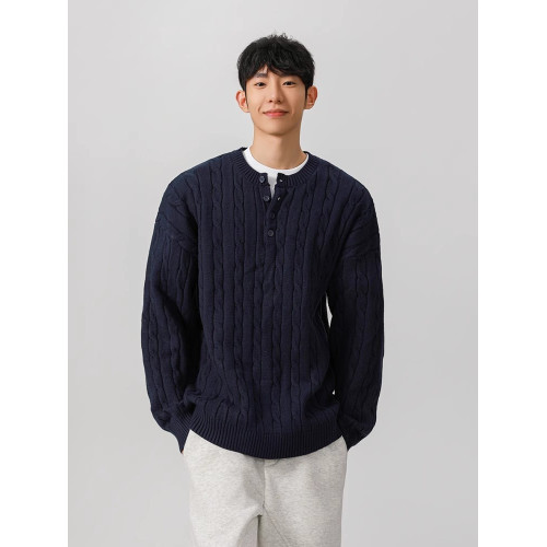 本命年酒紅色亨利領毛衣男款秋冬寬松慵懶針織衫麻花粗線新年衣服 本命年酒紅色亨利領毛衣男款秋冬寬松慵懶針織衫麻花粗線新年衣服