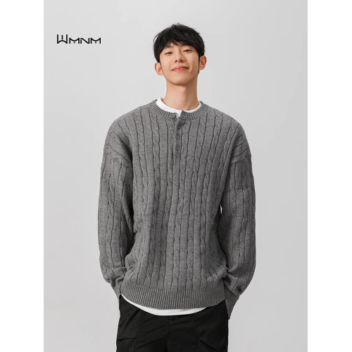 本命年酒紅色亨利領毛衣男款秋冬寬松慵懶針織衫麻花粗線新年衣服 本命年酒紅色亨利領毛衣男款秋冬寬松慵懶針織衫麻花粗線新年衣服