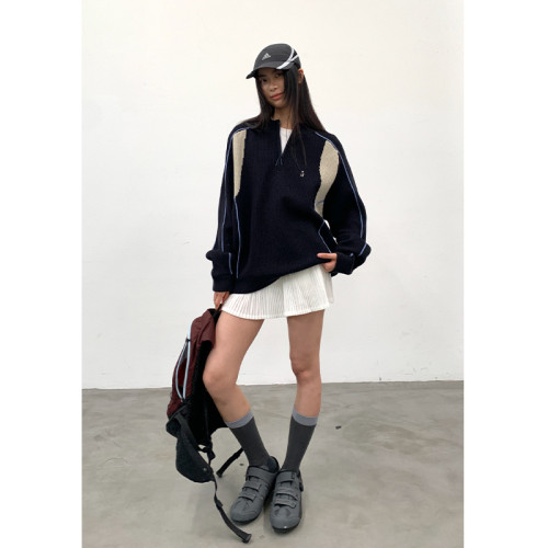 撞色拼接保暖針織衫情侶毛衣外套男秋冬季慵懶寬松休閒百搭上衣潮