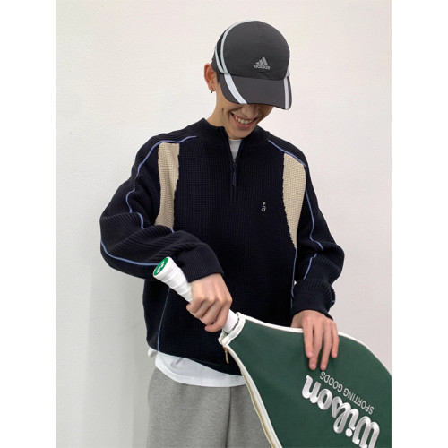 撞色拼接保暖針織衫情侶毛衣外套男秋冬季慵懶寬松休閒百搭上衣潮