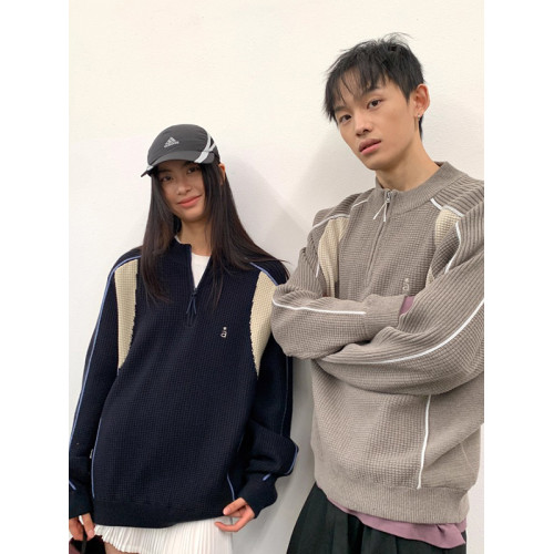 撞色拼接保暖針織衫情侶毛衣外套男秋冬季慵懶寬松休閒百搭上衣潮