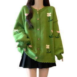 綠色針織開衫花朵毛衣外套女2025秋季新款大碼胖mm中長款減齡上衣