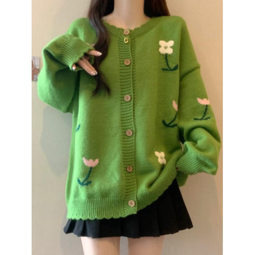 綠色針織開衫花朵毛衣外套女2025秋季新款大碼胖mm中長款減齡上衣 綠色針織開衫花朵毛衣外套女2025秋季新款大碼胖mm中長款減齡上衣