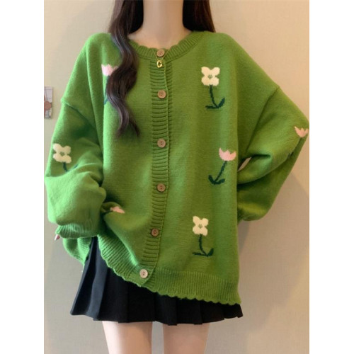 綠色針織開衫花朵毛衣外套女2025秋季新款大碼胖mm中長款減齡上衣 綠色針織開衫花朵毛衣外套女2025秋季新款大碼胖mm中長款減齡上衣