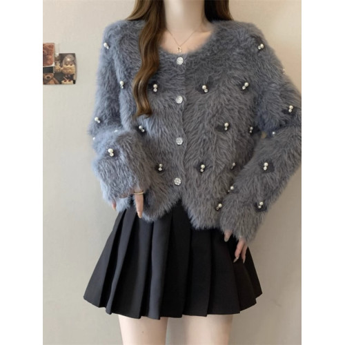 大碼小香風水貂絨毛衣外套女冬2024新款胖mm遮肉顯瘦針織開衫上衣