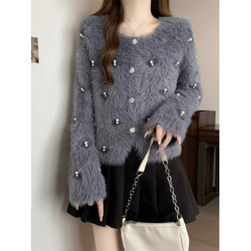 大碼小香風水貂絨毛衣外套女冬2024新款胖mm遮肉顯瘦針織開衫上衣