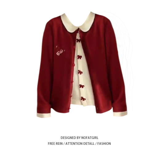 大碼胖妹妹新年跨年穿搭紅色假兩件毛衣女秋冬蝴蝶結刺綉針織上衣