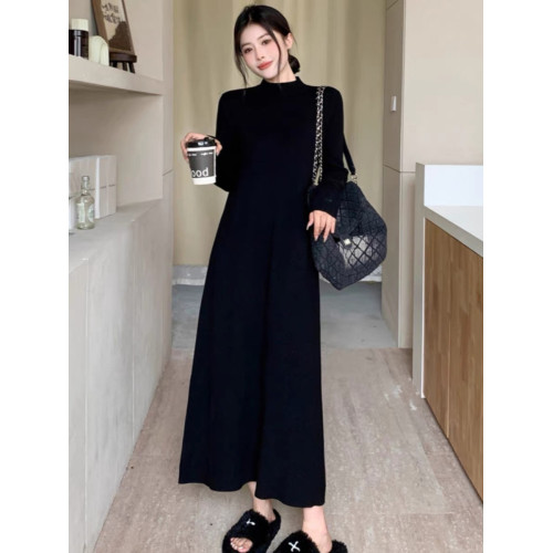 黑色半高領毛衣連衣裙女秋冬韓系過膝內搭中長款針織打底衫配大衣