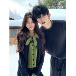 小衆設計感情侶裝毛衣秋冬假兩件撞色蝴蝶結一長一短針織開衫外套