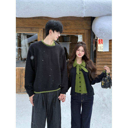 小衆設計感情侶裝毛衣秋冬假兩件撞色蝴蝶結一長一短針織開衫外套