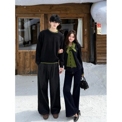 小衆設計感情侶裝毛衣秋冬假兩件撞色蝴蝶結一長一短針織開衫外套