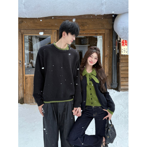 小衆設計感情侶裝毛衣秋冬假兩件撞色蝴蝶結一長一短針織開衫外套