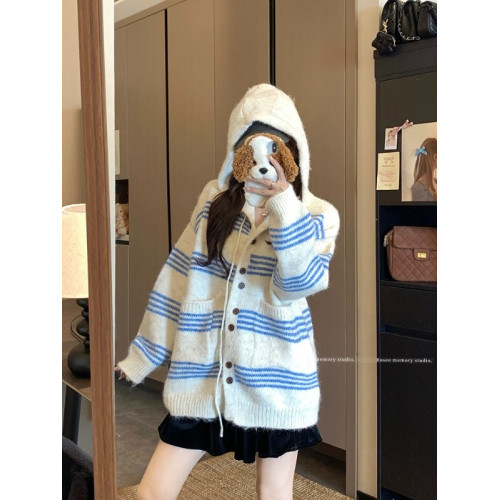 大碼韓系慵懶風條紋連帽毛衣外套女秋季胖MM寬松洋氣百搭開衫上衣