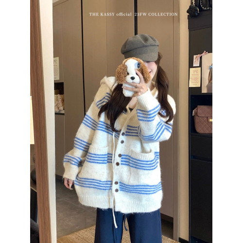 大碼韓系慵懶風條紋連帽毛衣外套女秋季胖MM寬松洋氣百搭開衫上衣