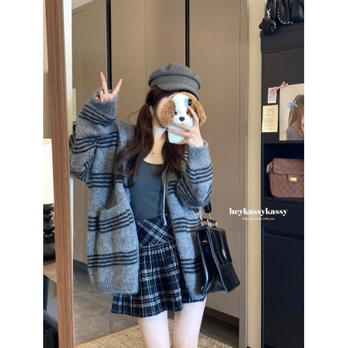 大碼韓系慵懶風條紋連帽毛衣外套女秋季胖MM寬松洋氣百搭開衫上衣