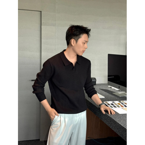 老錢風帥氣針織POLO衫男休閒寬松秋季海鷗領純色條紋透氣翻領毛衣