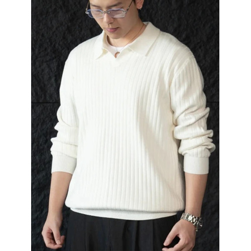 老錢風帥氣針織POLO衫男休閒寬松秋季海鷗領純色條紋透氣翻領毛衣