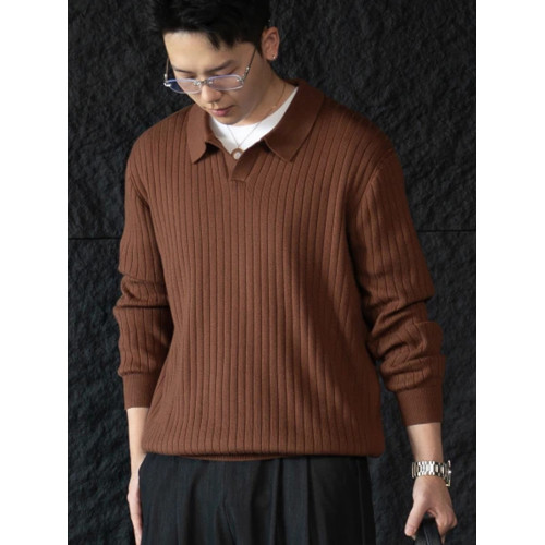 老錢風帥氣針織POLO衫男休閒寬松秋季海鷗領純色條紋透氣翻領毛衣