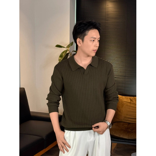 老錢風帥氣針織POLO衫男休閒寬松秋季海鷗領純色條紋透氣翻領毛衣