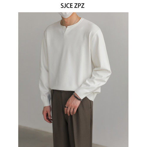 ZPZ韓系設計感卷邊V領針織衫男秋冬季上衣純色內搭打底衫長袖毛衣