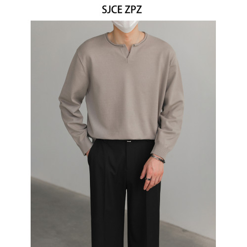 ZPZ韓系設計感卷邊V領針織衫男秋冬季上衣純色內搭打底衫長袖毛衣