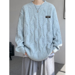 淺藍色軟糯慵懶風毛衣男款秋冬季大碼上衣服麻花重工青少年針織衫