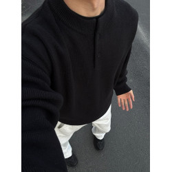 黑色亨利領毛衣男款秋冬成熟穩重POLO針織打底衫慵懶風內搭毛線衣