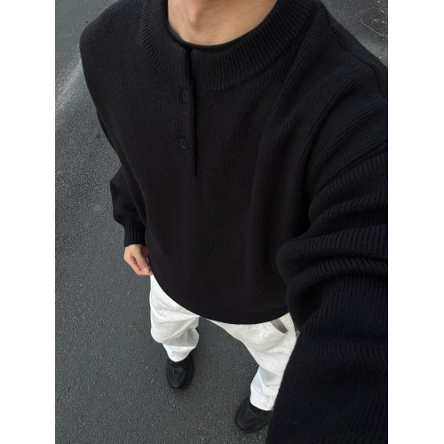 黑色亨利領毛衣男款秋冬成熟穩重POLO針織打底衫慵懶風內搭毛線衣 黑色亨利領毛衣男款秋冬成熟穩重POLO針織打底衫慵懶風內搭毛線衣