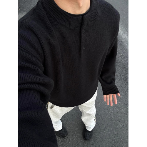 黑色亨利領毛衣男款秋冬成熟穩重POLO針織打底衫慵懶風內搭毛線衣 黑色亨利領毛衣男款秋冬成熟穩重POLO針織打底衫慵懶風內搭毛線衣