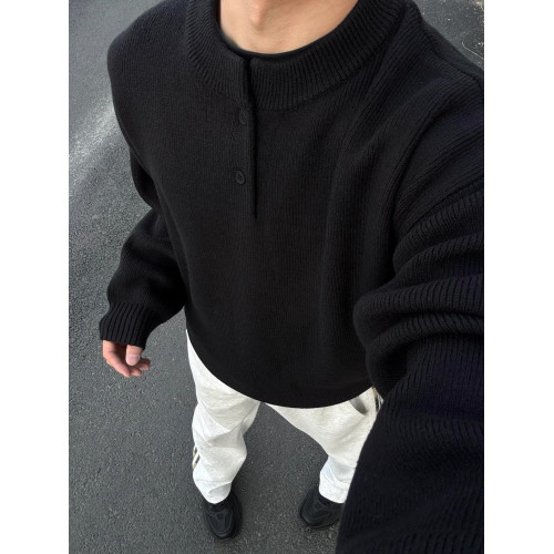 黑色亨利領毛衣男款秋冬成熟穩重POLO針織打底衫慵懶風內搭毛線衣 黑色亨利領毛衣男款秋冬成熟穩重POLO針織打底衫慵懶風內搭毛線衣