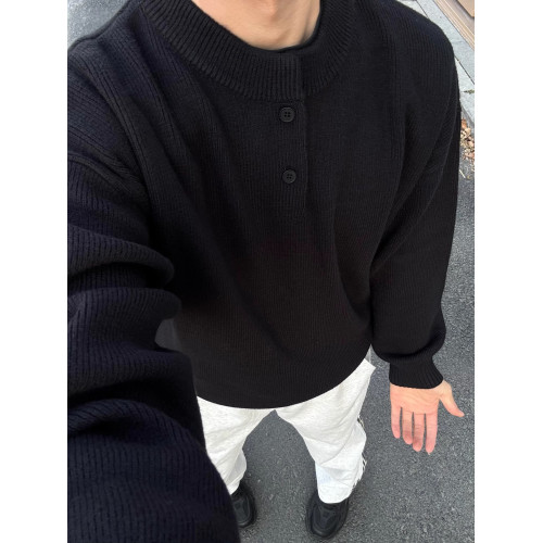 黑色亨利領毛衣男款秋冬成熟穩重POLO針織打底衫慵懶風內搭毛線衣 黑色亨利領毛衣男款秋冬成熟穩重POLO針織打底衫慵懶風內搭毛線衣