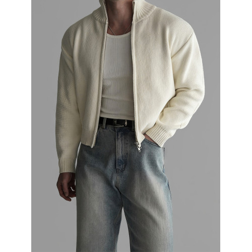 杏色短款立領拉鍊開衫毛衣男秋季美式潮流寬松休閒長袖針織衫外套 杏色短款立領拉鍊開衫毛衣男秋季美式潮流寬松休閒長袖針織衫外套