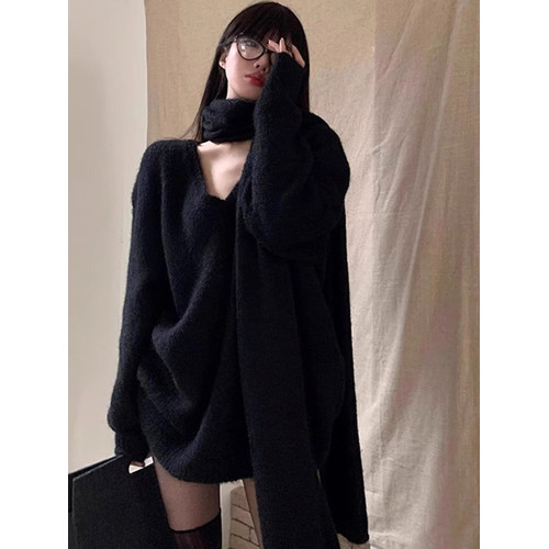純欲風黑色馬海毛V領毛衣女秋冬季慵懶寬松中長款套頭針織衫上衣