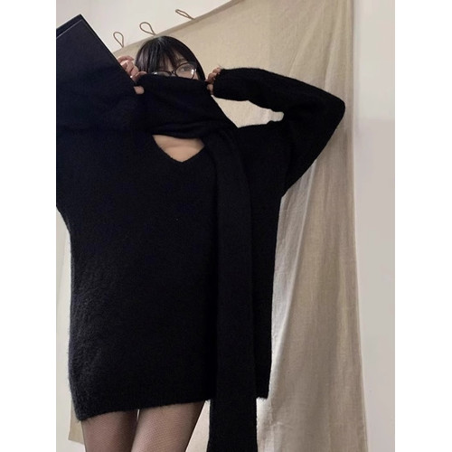 純欲風黑色馬海毛V領毛衣女秋冬季慵懶寬松中長款套頭針織衫上衣