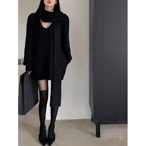 純欲風黑色馬海毛V領毛衣女秋冬季慵懶寬松中長款套頭針織衫上衣